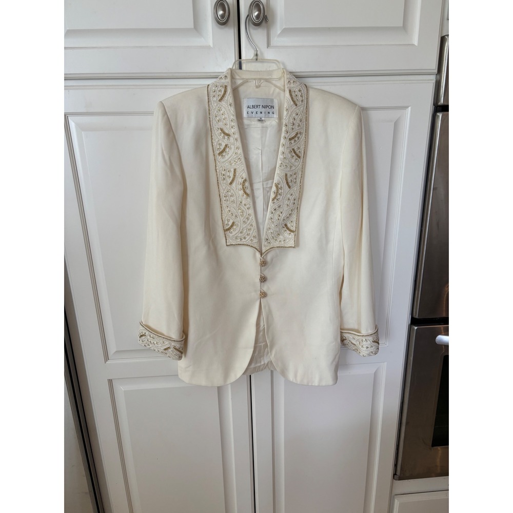 Albert Nipon Evening Womens Ivory Beaded Pearl Embroidered Blazer Jacket Size 10